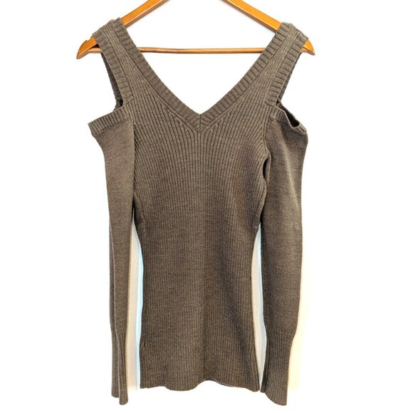 Guess | Taupe Brown Cold Shoulder Sweater Y2K Rhinestone Embellished | Medium - Picture 7 of 12